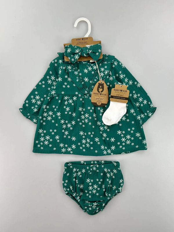 Robe vert foret avec culotte, bandeau et chaussettes